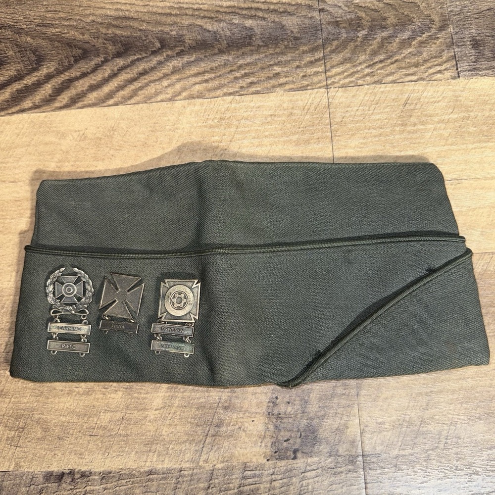 WWII US Army Green Garrison Cap W/3 Qualification Pins W/bars Unmarked Metal